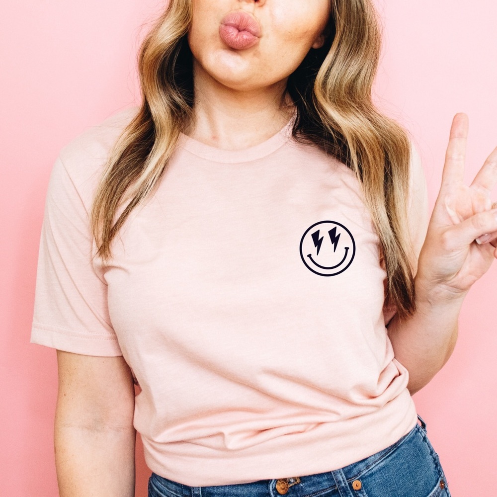 “Lightening Bolt Smiley Face” Crew Neck Short Sleeve Tee Shirt - Picture 2 of 4